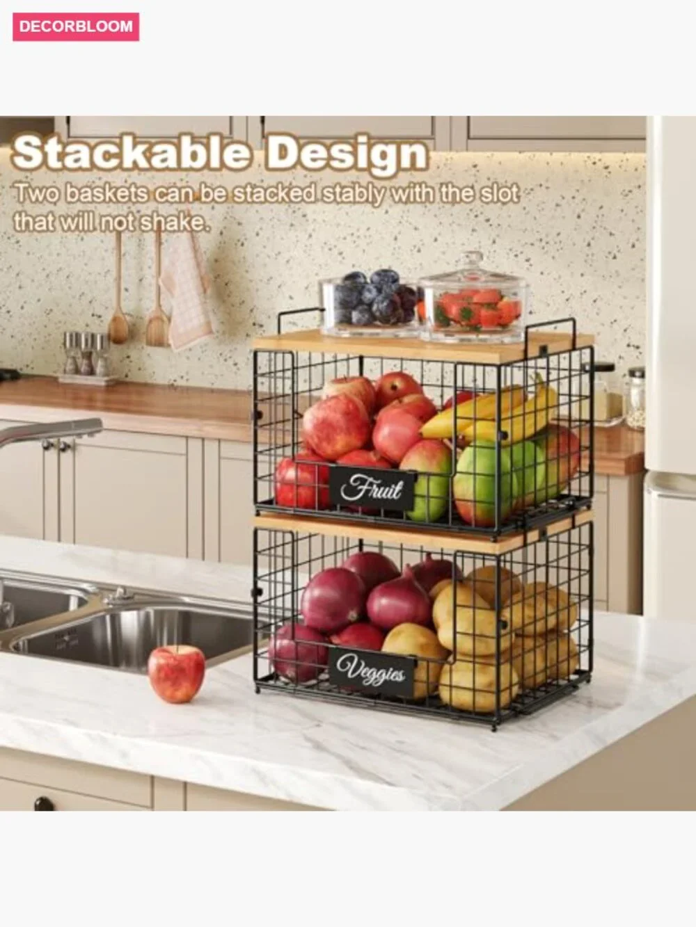 2 Pack Stackable Wire Baskets with Wooden Tops & Tags for Kitchen Pantry Storage